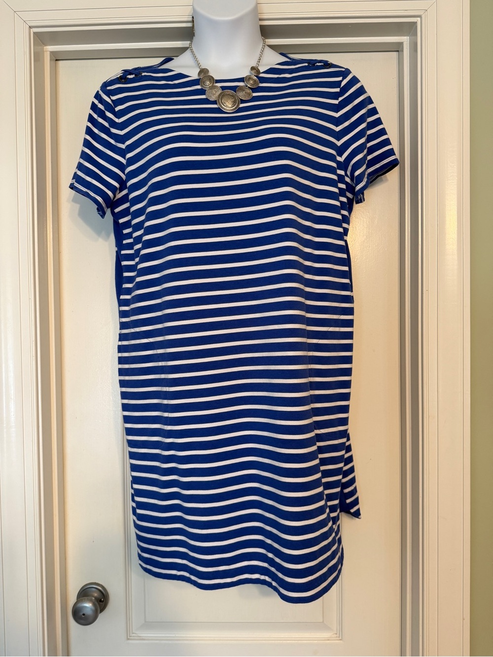 Chico's Royal Blue and White Striped Short-Sleeve Shift Dress